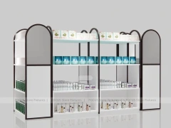 White and Wood Beauty Supply Shelving with Side Illuminated Tower for Wig Shop
