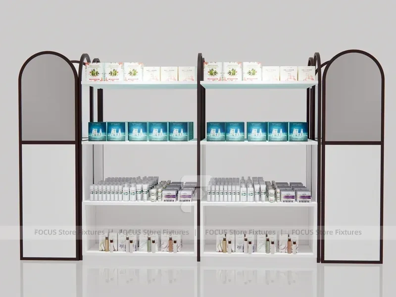 White and Wood Beauty Supply Shelving with Side Illuminated Tower for Wig Shop