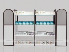 White and Wood Beauty Supply Shelving with Side Illuminated Tower for Wig Shop