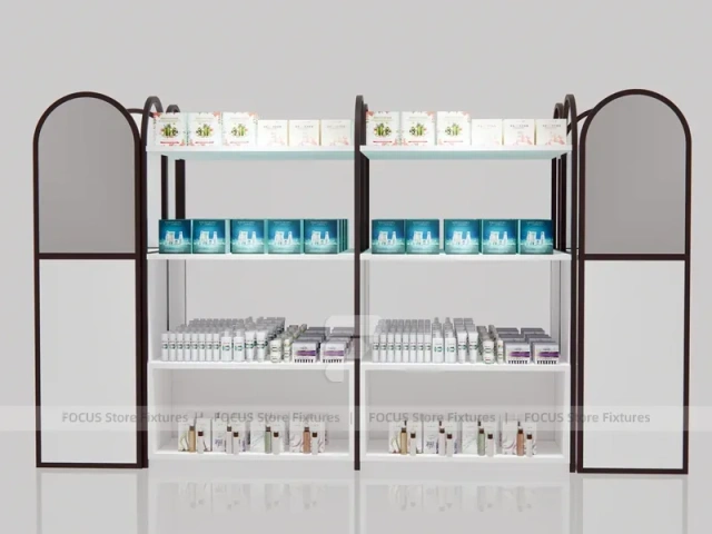 White and Wood Beauty Supply Shelving with Side Illuminated Tower for Wig Shop