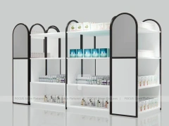 White and Wood Beauty Supply Shelving with Side Illuminated Tower for Wig Shop