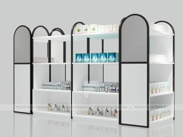 White and Wood Beauty Supply Shelving with Side Illuminated Tower for Wig Shop