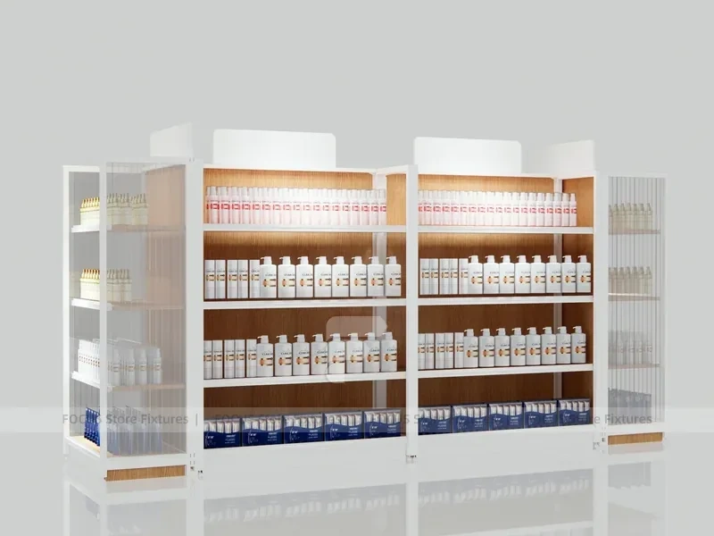 White and Wood Beauty Supply Shelving with Side Illuminated Tower for Wig Shop