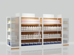 White and Wood Beauty Supply Shelving with Side Illuminated Tower for Wig Shop