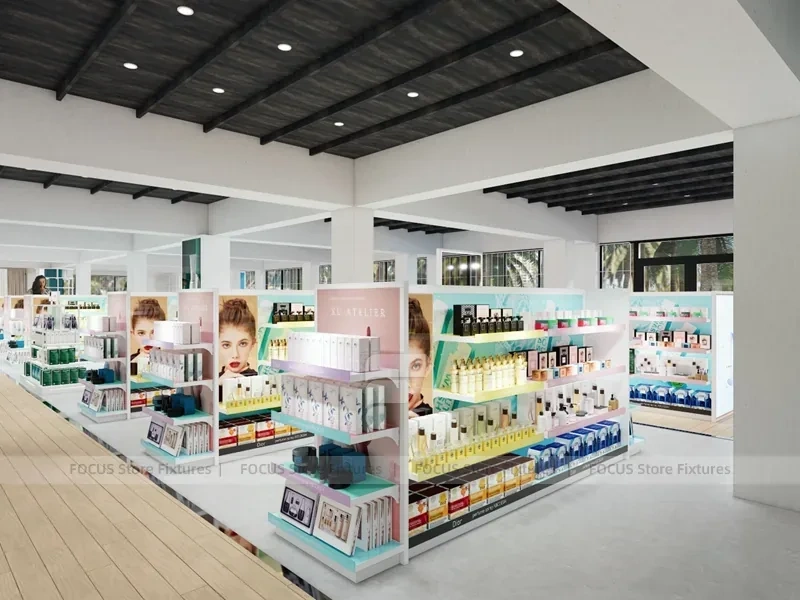 Wide Beauty Supply Retail Floor with White Island Shelving for Wig Shop