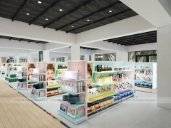 Wide Beauty Supply Retail Floor with White Island Shelving for Wig Shop