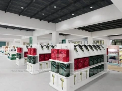 Wide Beauty Supply Retail Floor with White Island Shelving for Wig Shop