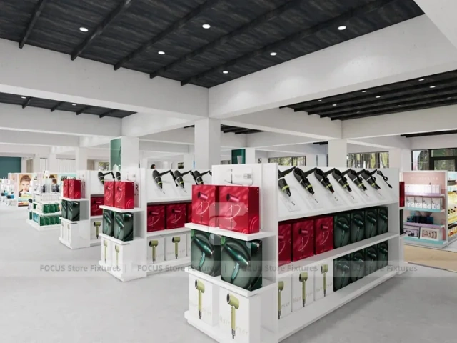 Wide Beauty Supply Retail Floor with White Island Shelving for Wig Shop
