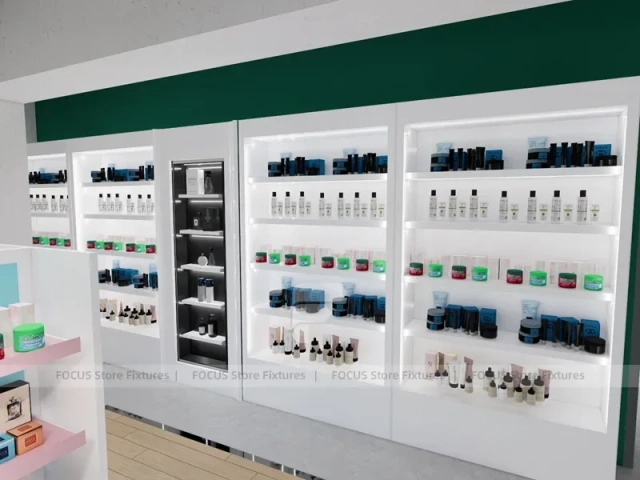 Wide Beauty Supply Retail Floor with White Island Shelving for Wig Shop