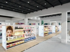 Wide Beauty Supply Retail Floor with White Island Shelving for Wig Shop