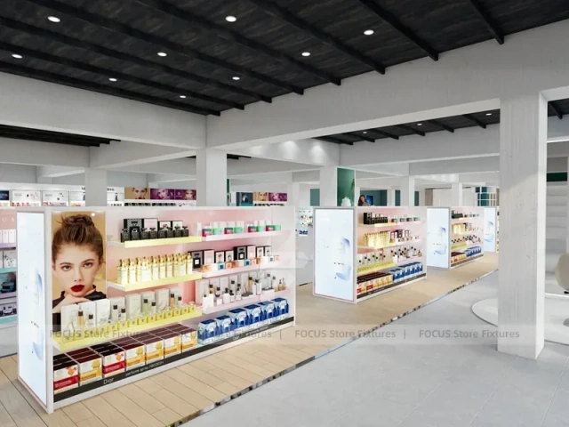 Wide Beauty Supply Retail Floor with White Island Shelving for Wig Shop