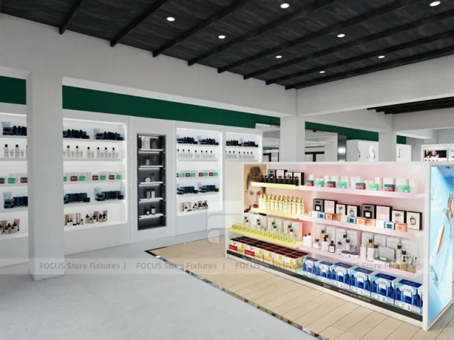 Wide Beauty Supply Retail Floor with White Island Shelving for Wig Shop