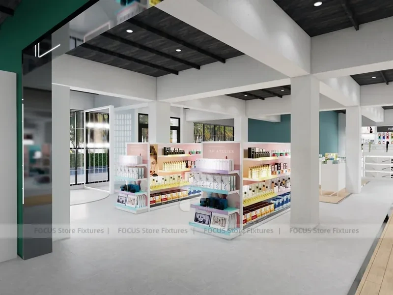 Wide Beauty Supply Retail Floor with White Island Shelving for Wig Shop