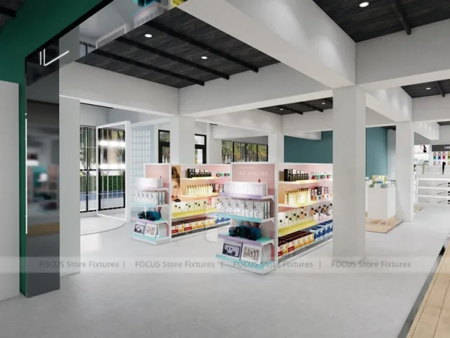 Wide Beauty Supply Retail Floor with White Island Shelving for Wig Shop
