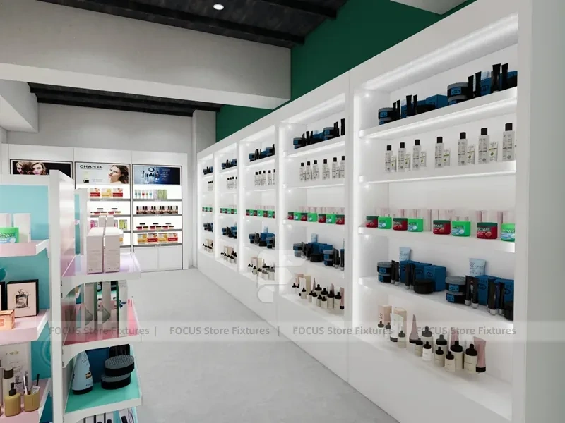Wide Beauty Supply Retail Floor with White Island Shelving for Wig Shop