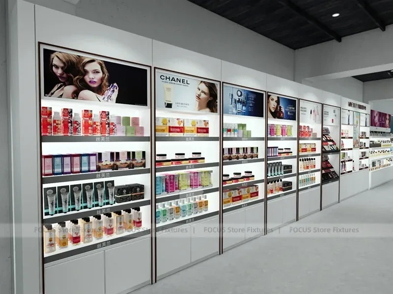 Wide Beauty Supply Retail Floor with White Island Shelving for Wig Shop