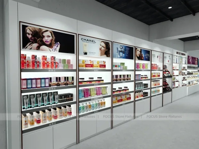 Wide Beauty Supply Retail Floor with White Island Shelving for Wig Shop