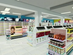 Wide Cosmetics Supermarket Gondola Layout with Pastel Category Zones for Wig Shop