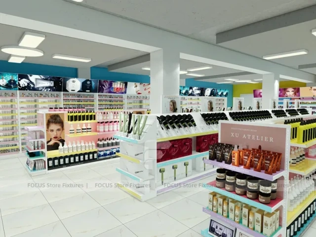 Wide Cosmetics Supermarket Gondola Layout with Pastel Category Zones for Wig Shop