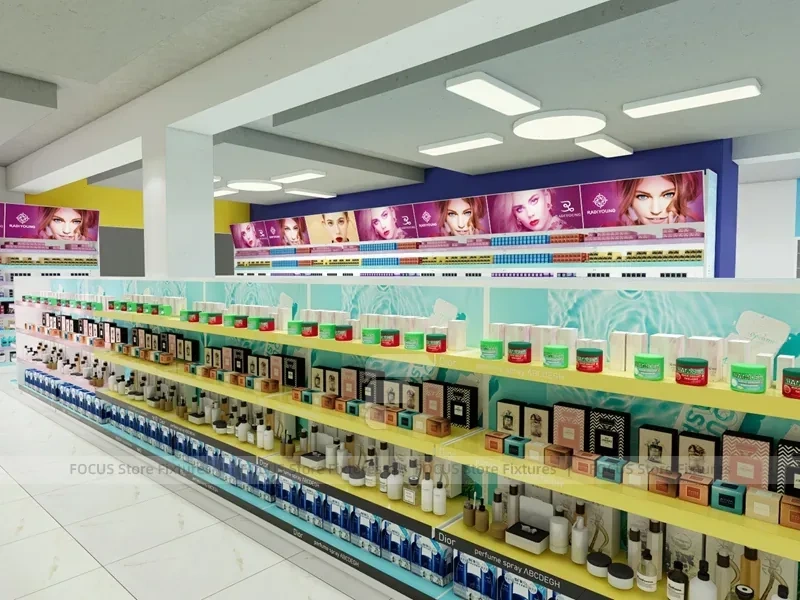 Wide Cosmetics Supermarket Gondola Layout with Pastel Category Zones for Wig Shop