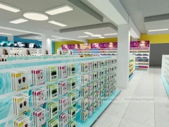 Wide Cosmetics Supermarket Gondola Layout with Pastel Category Zones for Wig Shop