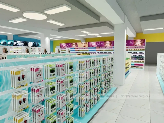 Wide Cosmetics Supermarket Gondola Layout with Pastel Category Zones for Wig Shop