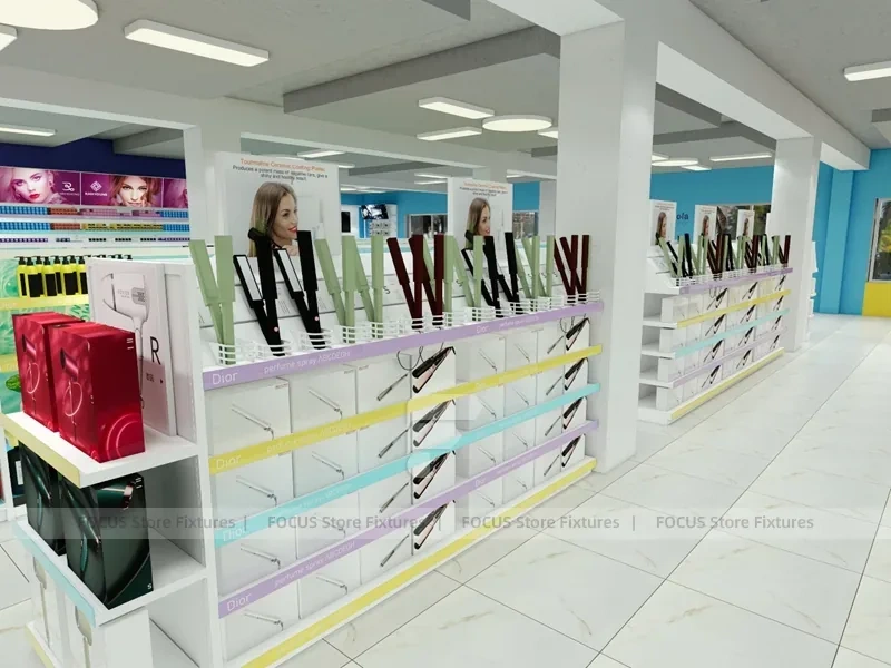 Wide Cosmetics Supermarket Gondola Layout with Pastel Category Zones for Wig Shop