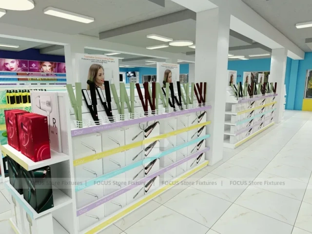 Wide Cosmetics Supermarket Gondola Layout with Pastel Category Zones for Wig Shop