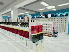 Wide Cosmetics Supermarket Gondola Layout with Pastel Category Zones for Wig Shop