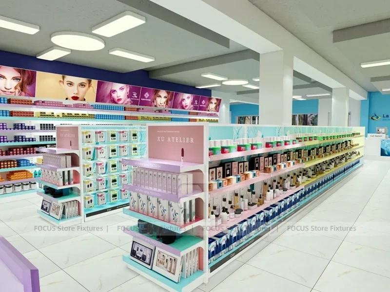 Wide Cosmetics Supermarket Gondola Layout with Pastel Category Zones for Wig Shop