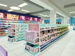 Wide Cosmetics Supermarket Gondola Layout with Pastel Category Zones for Wig Shop