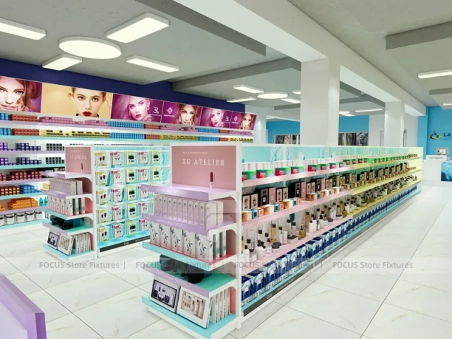 Wide Cosmetics Supermarket Gondola Layout with Pastel Category Zones for Wig Shop