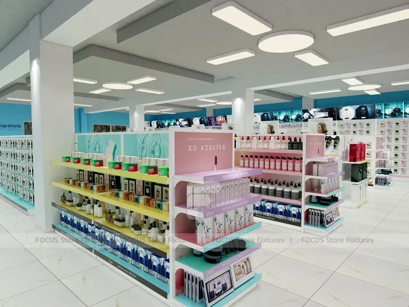 Wide Cosmetics Supermarket Gondola Layout with Pastel Category Zones for Wig Shop