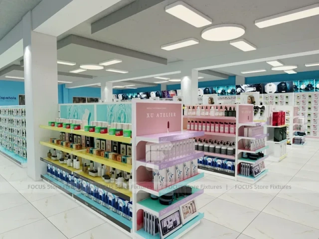 Wide Cosmetics Supermarket Gondola Layout with Pastel Category Zones for Wig Shop