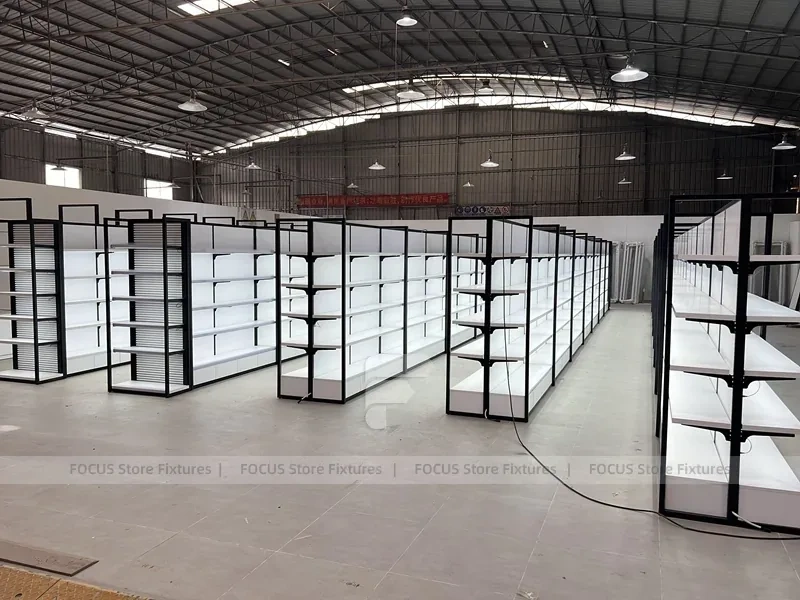 Wide White Gondola Supermarket Layout with Black Trim for Beauty Store