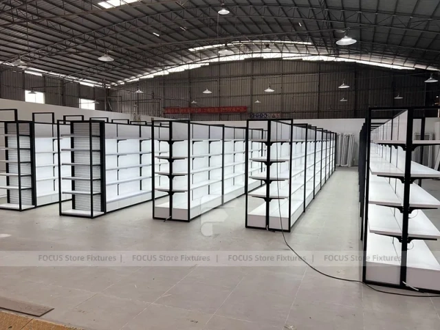 Wide White Gondola Supermarket Layout with Black Trim for Beauty Store