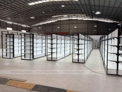 Wide White Gondola Supermarket Layout with Black Trim for Beauty Store