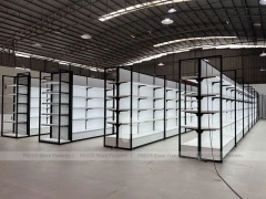Wide White Gondola Supermarket Layout with Black Trim for Beauty Store