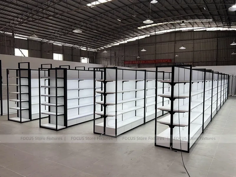 Wide White Gondola Supermarket Layout with Black Trim for Beauty Store