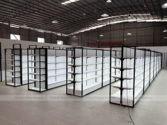 Wide White Gondola Supermarket Layout with Black Trim for Beauty Store