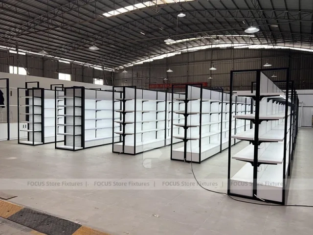 Wide White Gondola Supermarket Layout with Black Trim for Beauty Store