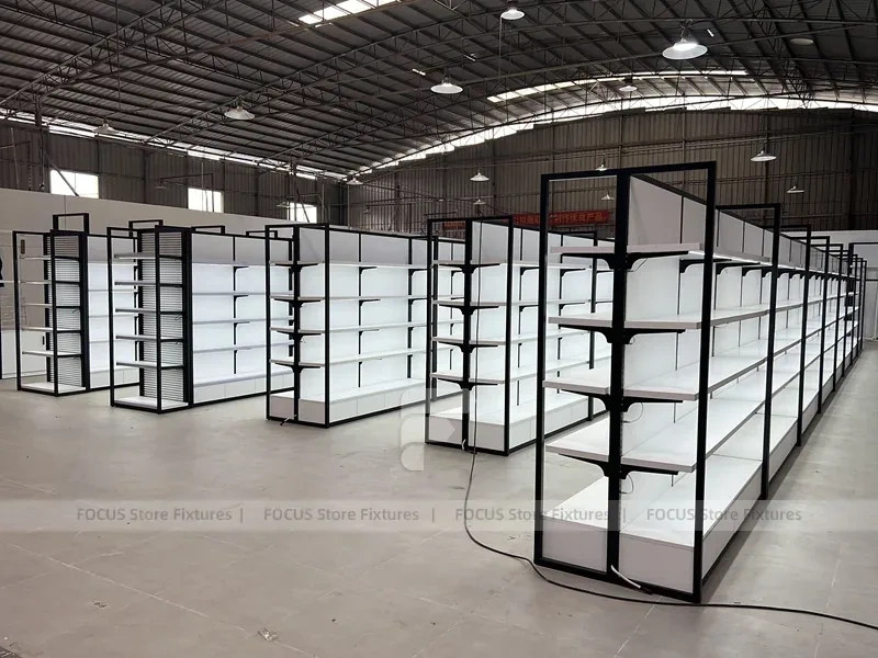 Wide White Gondola Supermarket Layout with Black Trim for Beauty Store