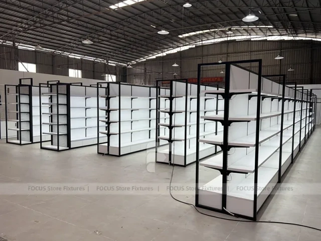 Wide White Gondola Supermarket Layout with Black Trim for Beauty Store