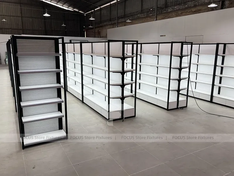 Wide White Gondola Supermarket Layout with Black Trim for Beauty Store