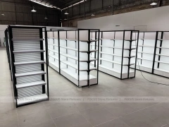 Wide White Gondola Supermarket Layout with Black Trim for Beauty Store