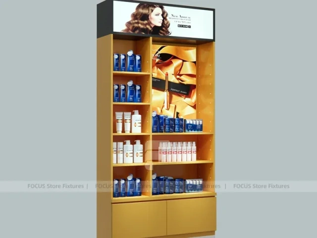 Wood and Black Salon Product Display Tower Cabinet for Wig Beauty Store