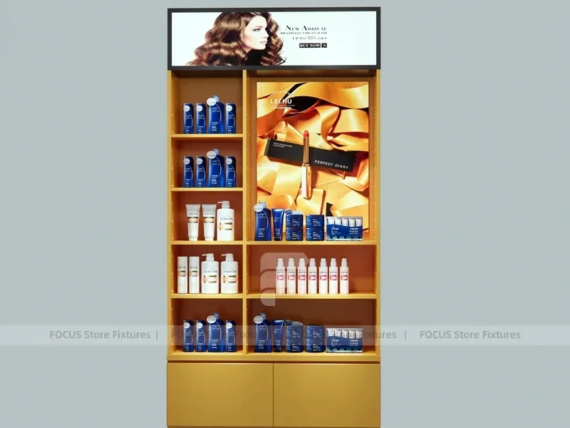 Wood and Black Salon Product Display Tower Cabinet for Wig Beauty Store