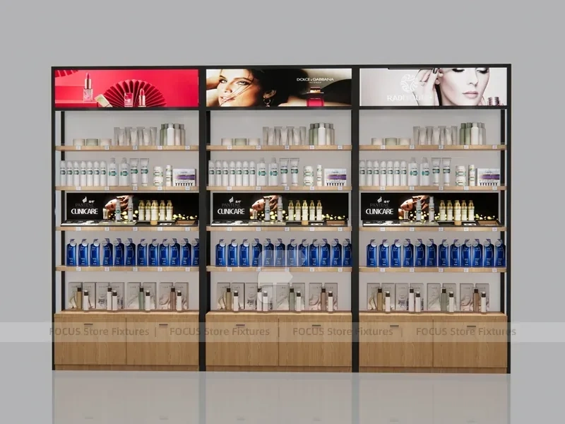 Wood and Black Salon Product Display Tower Cabinet for Wig Beauty Store