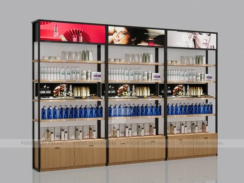 Wood and Black Salon Product Display Tower Cabinet for Wig Beauty Store