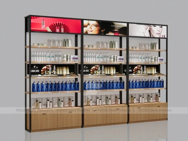 Wood and Black Salon Product Display Tower Cabinet for Wig Beauty Store